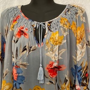 XS Lucky Brand Sheer Peasant Blouse Blue Floral